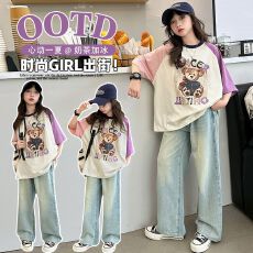 批发两件套<b class='q'>女</b><b class='q'>童</b>夏装套装女大童休闲儿<b class='q'>童装</b>阔腿裤牛仔裤夏季短袖<b class='q'>T</b><b class='q'>恤</b>