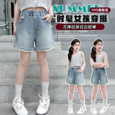 批发女童牛仔短裤夏季外穿薄款女孩宽松时尚花边韩版洋气百搭裤子外穿