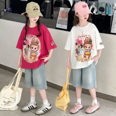 批发牛仔裤两件套<b class='q'>女</b><b class='q'>童</b>夏装韩版套装女孩时尚<b class='q'>T</b>短袖短裤<b class='q'>t</b><b class='q'>恤</b>时髦两件套潮
