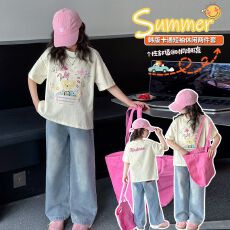两件套女童夏装套装女大童休闲儿童装阔腿裤牛仔裤夏季短袖T恤