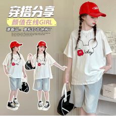牛仔裤两件套女童夏装韩版套装女孩卡通T短袖短裤t恤时髦两件套潮