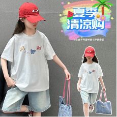牛仔裤两件套女童夏装韩版套装女孩卡通T短袖短裤t恤时髦两件套潮