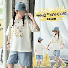 牛仔裤两件套女童夏装韩版套装女孩时尚T短袖短裤t恤时髦两件套潮