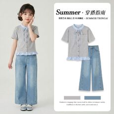批发<b class='q'>女</b><b class='q'>童</b>学院风条纹开衫拼接<b class='q'>长袖</b>T恤夏季2026新款中大童洋气上衣