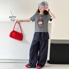批发<b class='q'>女</b><b class='q'>童</b>夏季套装2026新款儿童T恤工装裤两件套大童韩版小猫短袖夏装