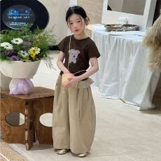 批发<b class='q'>女</b><b class='q'>童</b>休闲套装夏季2026新款韩版大童薄款棕色印花短袖阔腿裤两件套