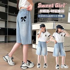 批发【原版刺绣质量<b class='q'>女童</b>夏<b class='q'>装</b>牛仔短裤中大童女孩外穿薄款五分儿童牛仔
