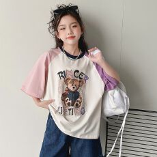 批发含棉女童短袖t恤2026大童夏季洋气插肩体恤儿童夏装宽松短袖上衣