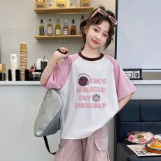 批发纯棉女童短袖t恤2026大童夏季洋气插肩体恤儿童夏装宽松短袖上衣