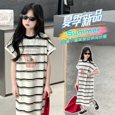 批发<b class='q'>女</b><b class='q'>童</b>短袖T恤裙2026夏季新款儿童时髦条纹卡通印花宽松中长款<b class='q'>裙子</b>