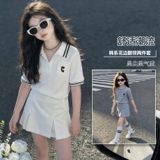 含棉曼巴棉女童夏季刺绣t恤套装2026新款洋气短袖裙裤两件套