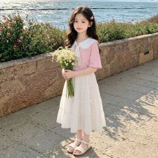 批发上衣纯棉 <b class='q'>女</b><b class='q'>童</b>夏季娃娃领短袖套装洋气儿童甜美大童白色半身裙