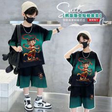 男童夏装套装新款哪吒印花渐变短袖短裤痞帅两件套