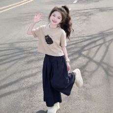 女童夏季儿童休闲印花猫咪短袖阔腿裤套装上衣纯棉，裤子棉麻