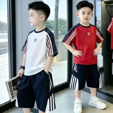 批发【纯棉】儿童拼色条纹<b class='q'>运动</b>套装男女童