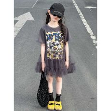 批发【纯棉裙身+蕾丝T恤裙】女童连衣裙<b class='q'>夏</b>季休闲网纱T恤裙