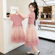批发<b class='q'>女</b><b class='q'>童</b>粉色短袖蛋糕裙两件套洋气<b class='q'>套装</b>【92人棉8氨纶】
