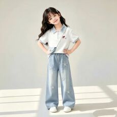 批发2026新款夏儿童多巴胺<b class='q'>牛仔</b>裤高级感小学生<b class='q'>套装</b>女