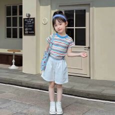 批发女童套装夏季2026新款儿童宝宝洋气时尚条纹短袖T恤短裤两件套潮