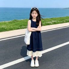 批发（仿牛仔布女童连衣裙<b class='q'>夏</b>装花边拼接无袖背心裙（棉20聚酯纤维80）