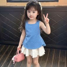 批发可爱甜美女宝宝<b class='q'>夏</b>季<b class='q'>套装</b>蓝色波点背心上衣白色半身裙韩版女孩<b class='q'>夏</b>装