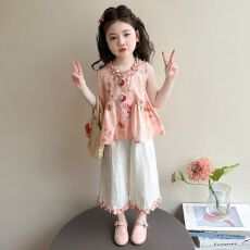 批发女宝宝甜美公主风<b class='q'>套装</b>女<b class='q'>童</b><b class='q'>夏季</b><b class='q'>薄</b>款女无袖背心娃娃衫阔腿裤两件套