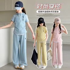 批发<b class='q'>女童</b>夏<b class='q'>季</b>短袖套装2026新款女大童装洋气阔腿裤二件套儿童运动衣服