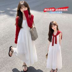 批发30%棉 70%聚酯纤维<b class='q'>女童</b>连<b class='q'>衣裙</b>套装春秋韩版红开衫吊带<b class='q'>裙</b>
