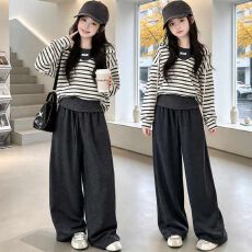 批发三件套儿童条纹<b class='q'>套装</b>洋气<b class='q'>女</b><b class='q'>童</b>背心条纹衫阔腿裤（人棉+涤纶+氨纶）