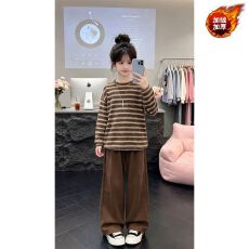 批发【银狐绒】<b class='q'>女童</b>冬<b class='q'>季</b>加绒套装2026条纹卫衣裤子儿童洋气休闲两件套