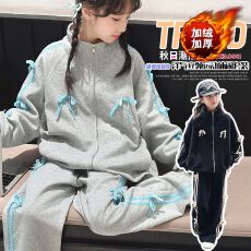 批发【加绒加厚】女童运动外套套装秋冬大童洋气蝴蝶结卫衣卫裤运动服