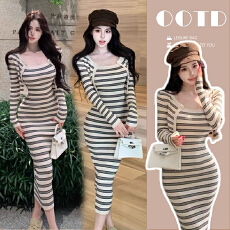 批发现现 新款孕妇装条纹吊带针织连衣裙＋开衫外套两件套孕妇套装