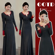 批发现现 孕妇装<b class='q'>秋</b>冬季新款V领长袖拼接针织连衣裙高腰A字裙