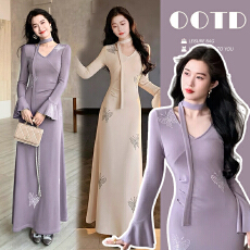 批发现现 孕妇装秋冬新款V领长袖针织毛衣蝴蝶烫钻<b class='q'>连衣裙</b>高腰A字裙