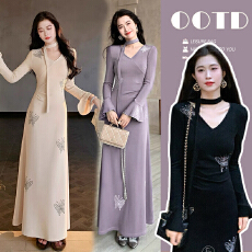 批发现现 孕妇装秋冬新款V领长袖针织毛衣蝴蝶烫钻<b class='q'>连衣裙</b>高腰A字裙