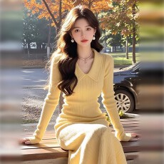 批发亮黄色polo领针织孕妇连衣裙修身显瘦气质孕妇长裙