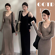 批发时尚孕妇装套装开叉收腰法式长款显瘦连衣裙吊带裙+开衫两件套