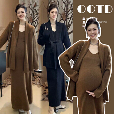 批发原版品质 气质孕妇套装针织吊带显瘦连衣裙+开衫两件套