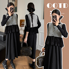 批发小香风孕妇装拼接两件套针织孕妇两件套气质孕妇连衣裙