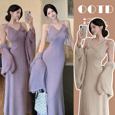 批发孕妇装软儒慵懒花朵针织吊带连衣裙+开衫毛衣外套时尚气质两件套