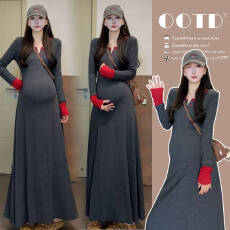 批发现现 <b class='q'>孕妇装</b>秋冬季新款V领长袖拼接针织连衣裙高腰A字裙