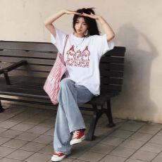 批发精梳纯棉230克纯棉<b class='q'>短袖</b>宽松落肩印花T恤夏季上衣设计感小众