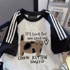 批发纯棉230克纯棉<b class='q'>短袖</b>230克插肩拼色牛角袖三条杠八分杠宽松印花