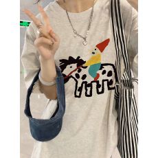 批发精梳纯棉230克纯棉<b class='q'>短袖</b>宽松落肩印花T恤夏季上衣设计感小众