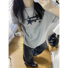 批发精梳纯棉230克纯棉短袖宽松落肩印花T恤夏季<b class='q'>上衣</b>设计感小众