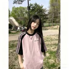 批发纯棉230克纯棉短袖230克插肩拼色牛角袖三条杠八分杠宽松印花