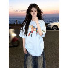 批发精梳纯棉230克纯棉短袖宽松落肩印花T恤夏季上衣设计感小众