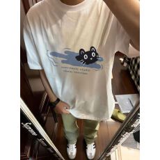 批发精梳纯棉200克纯棉<b class='q'>短袖</b>宽松落肩印花T恤夏季上衣设计感小众