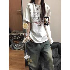 批发精梳纯棉200克纯棉<b class='q'>短袖</b>宽松落肩印花T恤夏季上衣设计感小众