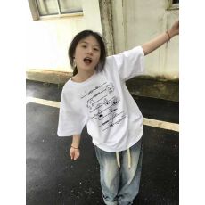 批发精梳纯棉200克纯棉<b class='q'>短袖</b>宽松落肩印花T恤夏季上衣设计感小众